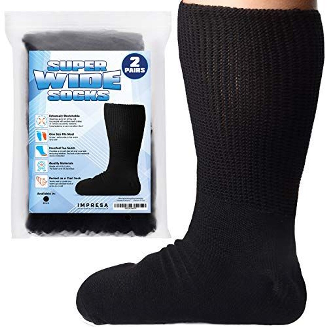 IMPRESA Extra Wide Socks for Men and Women - 2 Pairs Black Ankle Cast Socks - Stretches to 30" - Easy on Casts & Braces - Loose-Fitting Relief for Swollen Feet & Lymphedema